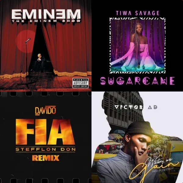 Ejims playlist cover with album art from Eminem, Tiwa Savage, Davido and Victor AD
